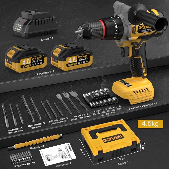 Cordless Hammer Drill 1239In·lbs - 21V Brushless Electric Power Impact Drill Set w/ 2 x 4.0Ah Battery & 1/2" Self-Locking Metal Chuck & 42PCs Accessory for Drilling Wood Bricks Metal Concrete