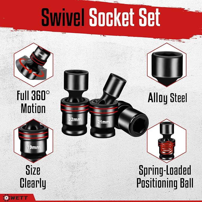 WETT 18-Piece 1/2" Drive Shallow Impact Universal Joint Socket Set, Metric Swivel Socket Set (10-24mm), Flexible Wobble Sockets with 3", 6" Extension Bar, Adapter, 6 Point