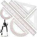 Zonon 1 Set Plastic Geometry Math Set 7 Pcs Includes 6'' / 4 '' Protractor, Drawing Compass, 45/60 Degree Triangle Rulers, 12'' / 6'' Math Ruler Transparent for Office Supplies(Clear)