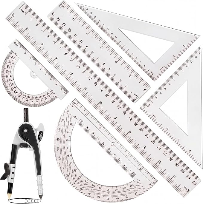 Zonon 1 Set Plastic Geometry Math Set 7 Pcs Includes 6'' / 4 '' Protractor, Drawing Compass, 45/60 Degree Triangle Rulers, 12'' / 6'' Math Ruler Transparent for Office Supplies(Clear)