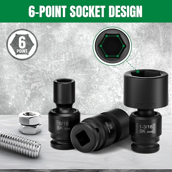 SK 1/2" Drive Swivel Impact Socket Set, Universal Joint Socket, 13-Piece | 1/2" to 1-1/4", Premium CR-MO Steel, SureGrip 6 Point Design, with Storage Case