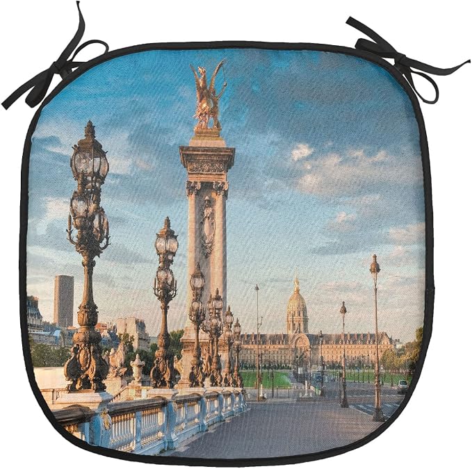Lunarable Paris Chair Cushion Pads Set of 4, Pont Alexandre III Bridge 1896 Spanning The River Seine Ornate Art Nouveau, Anti-Slip Seat Padding for Kitchen & Patio, 16"x16", Sky Blue Ivory Brown