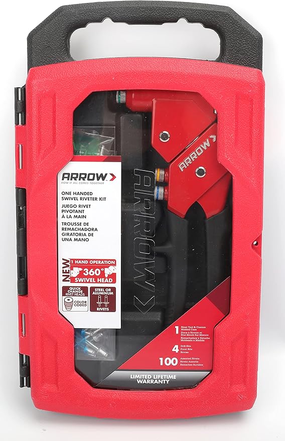 Arrow RT187SHK Swivel Head One-Handed Rivet Tool Kit, Manual Riveter Set for Metal and Auto Repair, uses 3/32", 1/8", 5/32", 3/16" Rivets, Includes Storage Case, 100 Rivets, and 4 Drill Bits