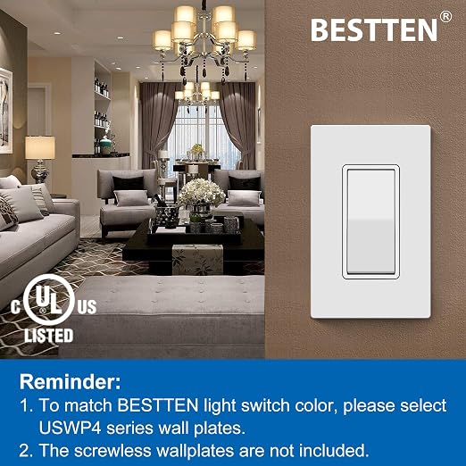 BESTTEN 100 Pack Single-Pole Decorator Light Switch, Paddle Wall Switch, 15A 120/277V, On/Off Rocker Interrupter, UL Listed, White