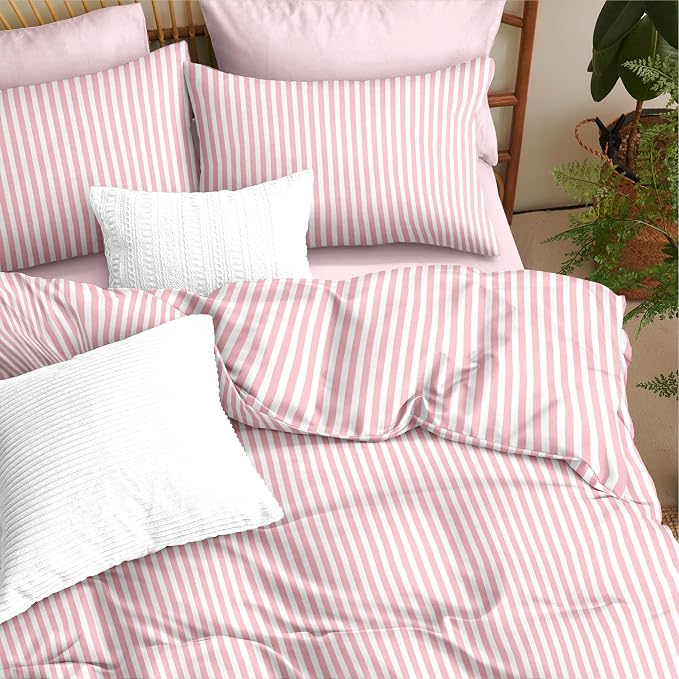 Sedefen Striped Duvet Cover Queen Size Pink Stripe Bedding Set for Girls 3 Pieces Soft Breathable Microfiber Reversible Geometric Stripes Duvet Cover Set with Zipper Closure and 2 Pillowcases