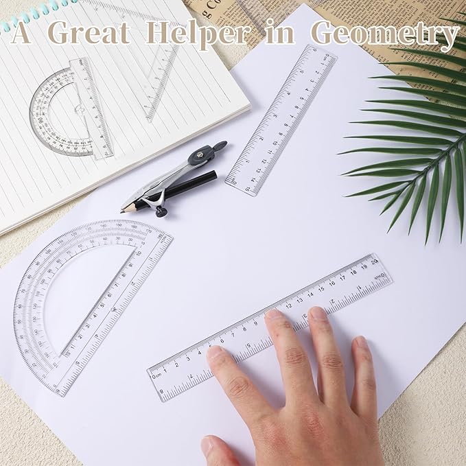 1 Set Plastic Geometry Math Set, Measuring Tool Includes Clear Ruler 12 Inch 6 Inch 6 and 3.8 Inches Protractor 45/60 Degree Triangle Rulers Compass for Office Drawing Drafting Engineering