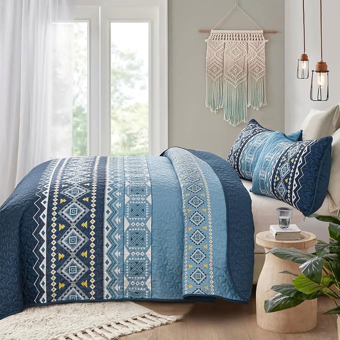 WONGS BEDDING Blue Quilt Set King,Boho 3 Pieces Bedspread Coverlet Set with Geometry Printed for All Season,Lightweight Morden Bohemian Bedding Set 104"×90"