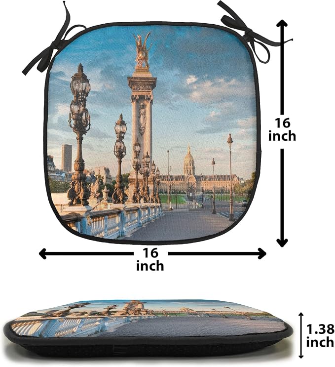 Lunarable Paris Chair Cushion Pad, Pont Alexandre III Bridge 1896 Spanning The River Seine Ornate Art Nouveau, Seat Padding for Kitchen & Patio with Anti-Slip Backing, 16"x16", Sky Blue Ivory Brown