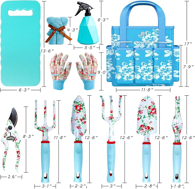 Womens Gardening Gifts Set - Floral Gardening Tools with Tote Bag - Gifts for Mom, Girlfriend or Women - Birthday, Christmas (Blue)
