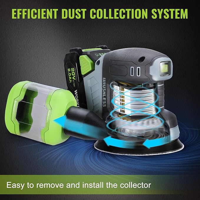 WORKPRO 5-Inch Cordless Random Orbital Sander, 20V Brushless Electric Orbit Sander, 6 Variable Speeds 6000-12000 RPM, Palm Sander with Battery, Dust Collector, 15 PCS Sanding Discs for Woodworking