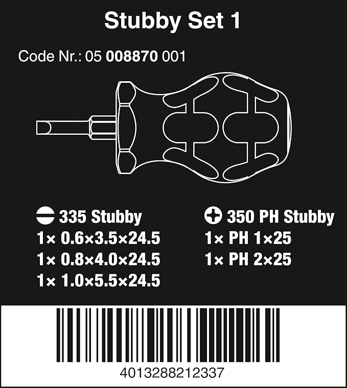 Wera 05008870001 Stubby Set 1 Screwdriver Set, 5 Pieces,Green