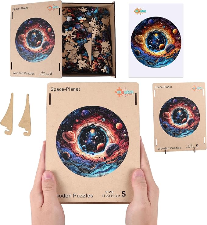 MEATRN Wooden Puzzles for Adults - Planet Theme Colorful Astronomy Jigsaw Puzzle, Relaxing Space Puzzle Gift, Family Night Activity and Brain Challenge, 200 Pieces, 11.2x11.3 in