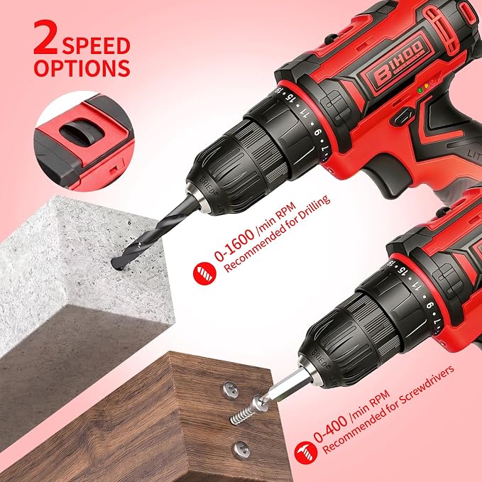 Cordless Drill Set,20V Drill Driver with Battery and Charger,3/8-Inch Keyless Chuck, Variable Speed,with Drills Bits Set,Red