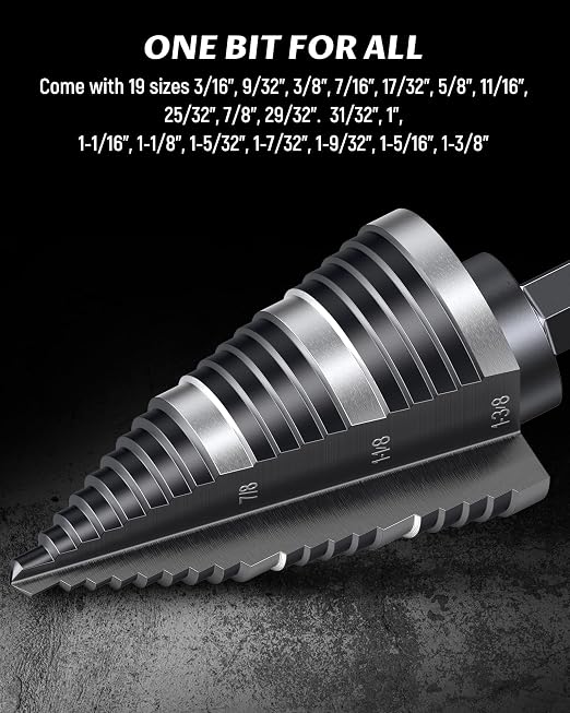 LICHAMP Double Fluted Step Drill Bit for Cutting Metal Hole 19 Sizes from 3/16 to 1-3/8 inch, Genuine High Speed Steel