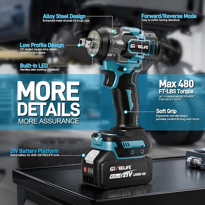 GEVEELIFE Impact Wrench 480Ft-lbs(650N.m) Brushless, 1/2 Impact Gun with 2x4.0Ah Battery, Cordless Impact Wrench, 6 Sockets, 8 Drill Bits, 3300RPM Power Electric Impact Driver for Car/DIY Furniture