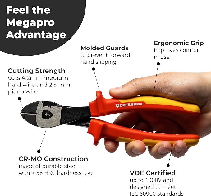 MEGAPRO® DEFENDER Pliers | 1000V VDE Certified | 8.5" Long | Insulated | Electricians Tools (Diagonal Cutters)