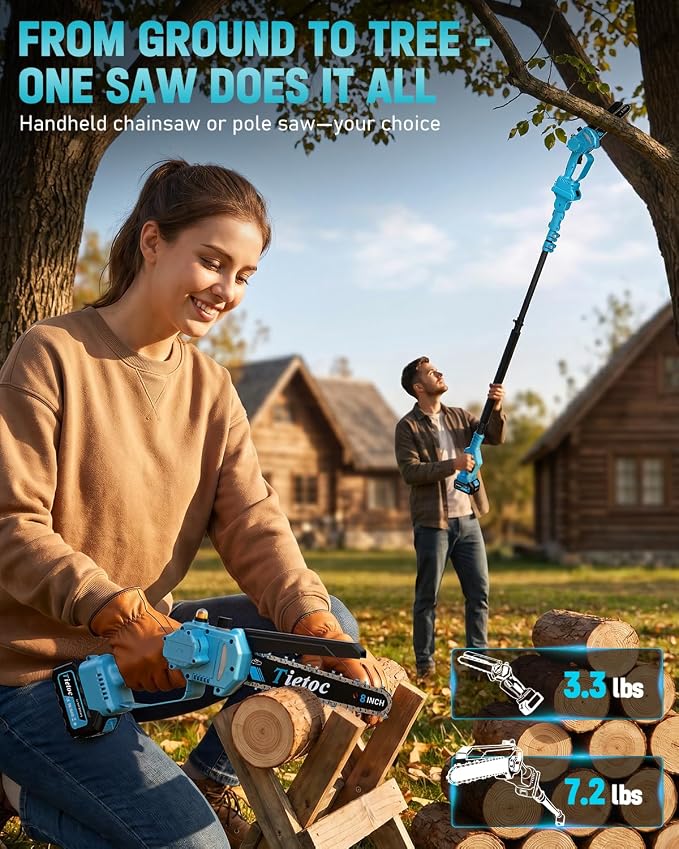 TIETOC 2-in-1 Brushless Pole Saw for Tree Trimming – 8/6" Mini Electric Chainsaw with 2×4000mAh Batteries, Auto Oiling, Tool-Free Adjustment,Cordless Battery Powered Saw for Home Garden Branch Cutting