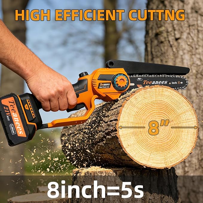 8" Mini Chainsaw Cordless, 1200W Brushless Electric Chain Saw with 2x 4000mAh Batteries & 6 Chains, 2-in-1 Dual Bar (8" & 6") Battery Powered Chainsaw, for Tree Trimming (Orange)