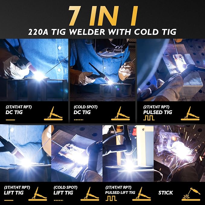 TOOLIOM 220A Cold TIG Welder with DC Pulse, 7 In 1 Cold Spot Lift TIG/Stick Welder with IGBT Inverter, 110&220V Welding Machine with Large Digital Display 2T/4T/4T Repeat Mode TIG Welding Equipment