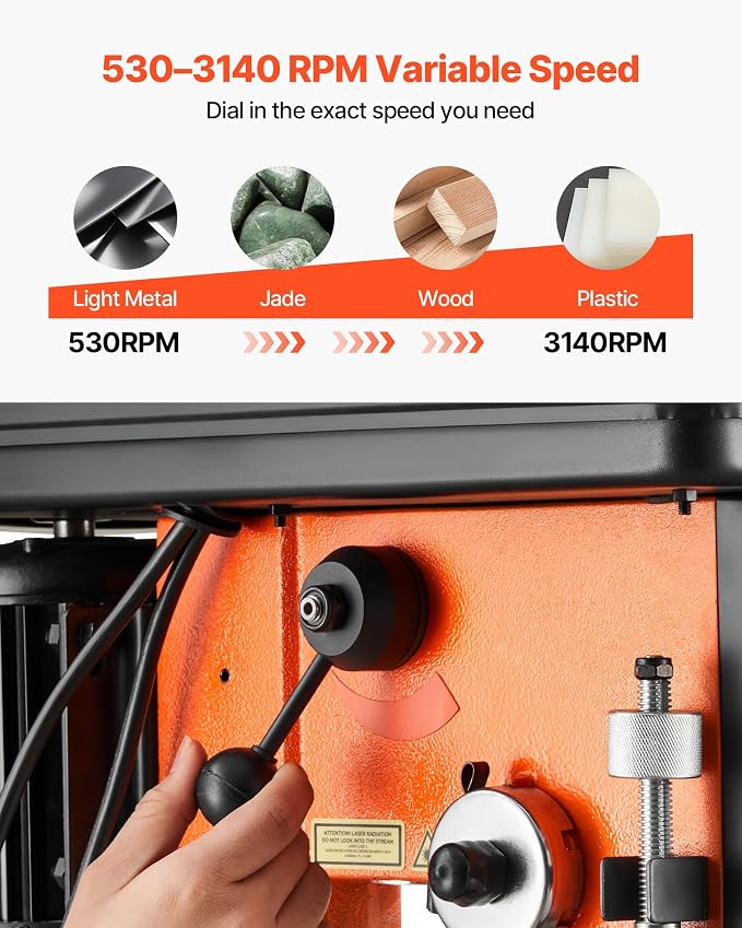 VEVOR 12-Inch Benchtop Drill Press, 6.2 Amp, 1 HP Bench Drill Press, 530 to 3140 RPM Variable Speed, 0-45° Tilting Worktable, with Laser and LED Work Light, Tabletop Drilling Machine, for Wood Metal