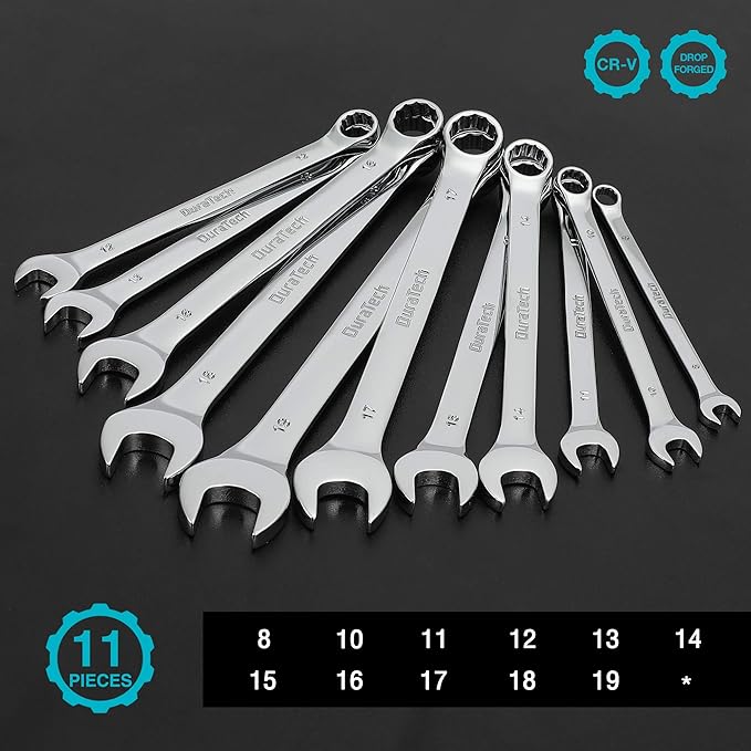 DURATECH Combination Wrench Set, Metric, 11-Piece, 8-19mm | 12-Point, CR-V Steel, Organized in Wrench Holder