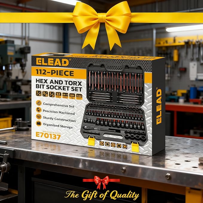 112-Piece Torx and Allen Bit Socket Set, 1/4", 3/8",1/2" Drive Bit Socket Set with Ratchet Wrench, Adapters, Extra Long & Tamper Proof torx/Hex/Ball End Hex/E-torx, SAE & Metric