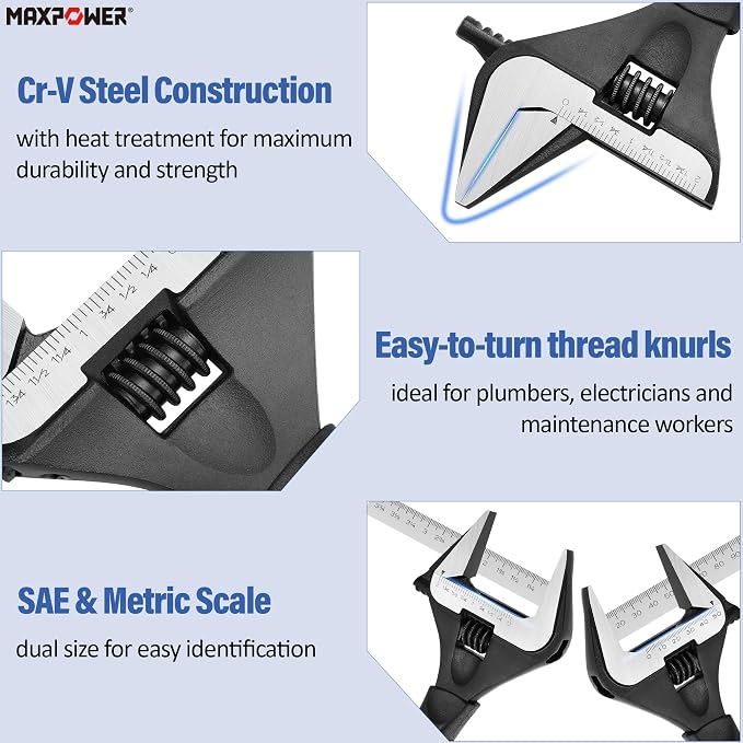 MAXPOWER 6 10-inch Wide Jaw Stubby Adjustable Wrench Set | Wider Mouth Plumbing Wrench Short Handle Comfortable Grips