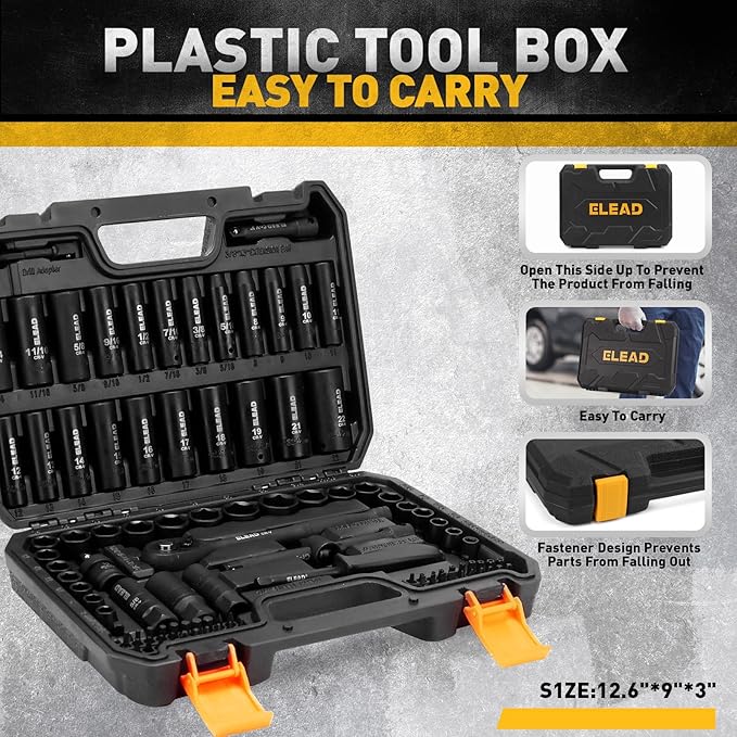 ELEAD 96-Piece 3/8" Drive Impact Socket Set, SAE(5/16 to 3/4-Inch) & Metric(8-22mm), Standard & Deep Sockets, Ratchet Handle, Bit Set, Universal Joint, Extension Bar, Adapters, Spark Plug Sockets