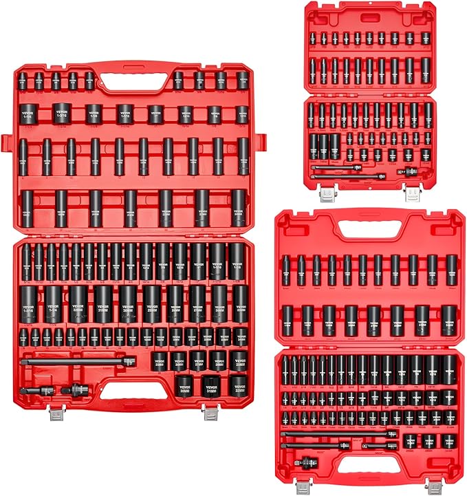 VEVOR 1/4 & 3/8 & 1/2 Inch Drive Impact Socket Set, 210-Piece Metric and Standard Full Sockets, Deep & Shallow, CR-V, 6 Point, Extension Bars, Universal Joint, Three Carrying Cases