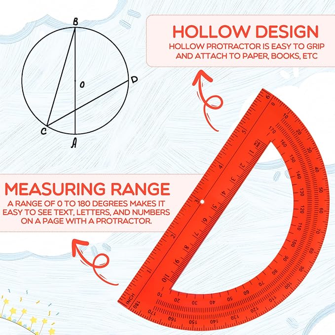 EBOOT Plastic Protractor Math Protractors 180 Degrees, 6 Inch, Pack of 2 (Red)