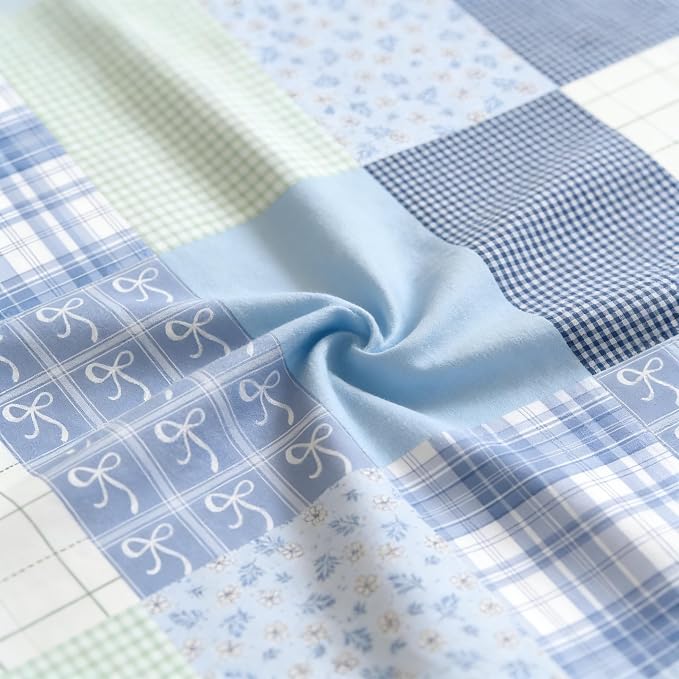 Sedefen Blue Plaid Duvet Cover Queen Size Gingham Bedding Set Kids Boys Girls Checked Bowknot Floral Spring Aesthetic Chic Soft Breathable Bedding Set 3 Pcs with 2 Pillowcases