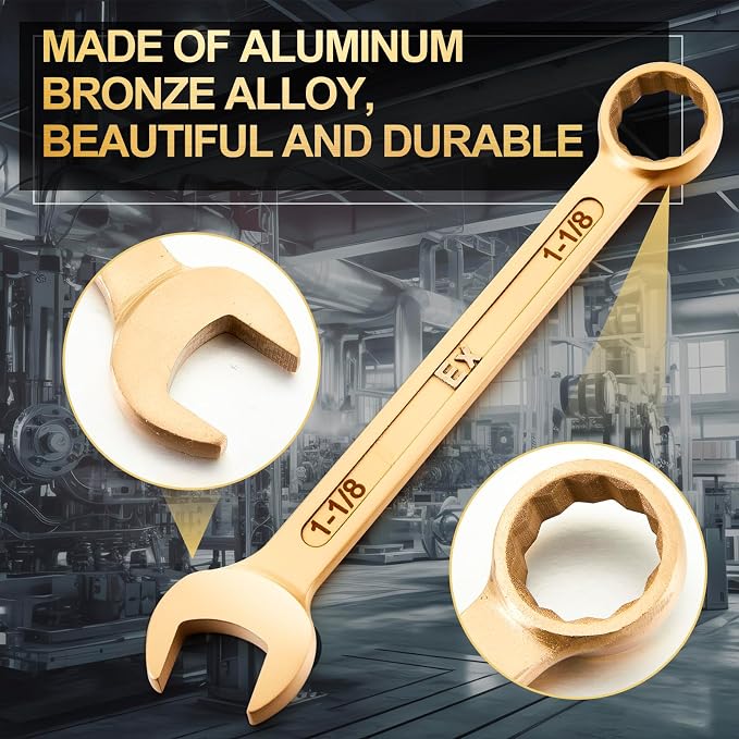 Hicarer 1-1/8" Non-sparking Combination Wrench Non-magnetic Wrench 275 mm Length Aluminum Bronze Combination Spanner for Flammable and Explosive Environment Technician Electrician Die-forged