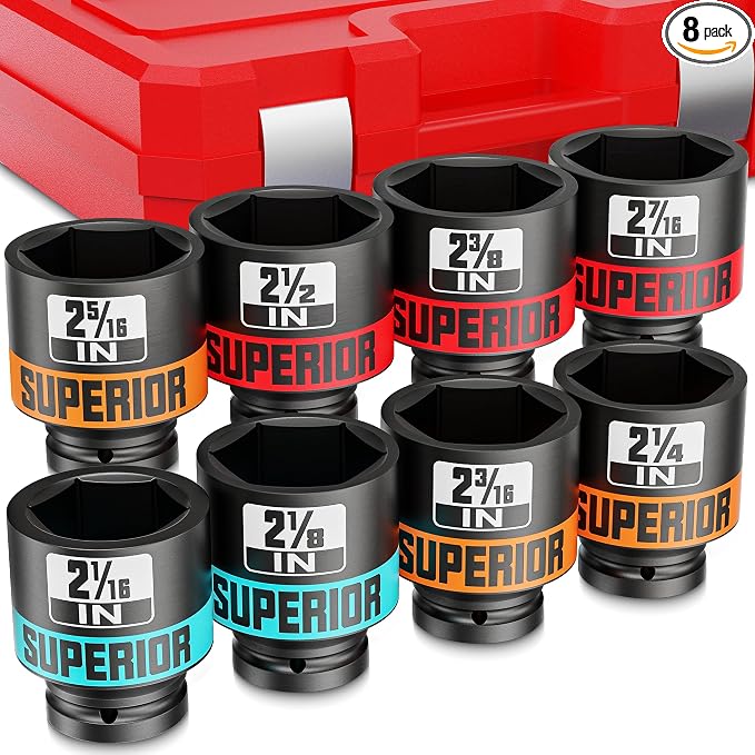 8 Piece 3/4”Drive Shallow Impact Socket Set, 2-1/16”-2-1/2”Axle Nut Sockets, SAE, CR-MO, 6 Point, Tools for Removing Mechanical Nuts, Large Automotive Repairs, Agricultural implement