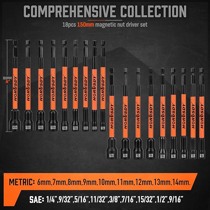 HORUSDY 18Pcs Nut Driver Set SAE and Metric, Impact Magnetic Nut Driver for impact drill, 6 Inch Extra Long Nut Drivers, Cr-V Steel 1/4" Hex Shank Quick Change, with Storage Case