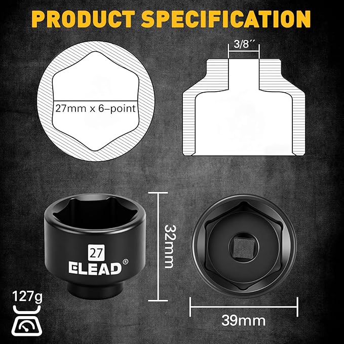 ELEAD 27 mm Oil Filter Socket Wrench, Metric Oil Filter Wrenches, 3/8'' Drive 6-Point Oil-Filter Removal Tool, Low Profile Design for Easy Removal, Chrome Vanadium Steel Oil-Change Tool