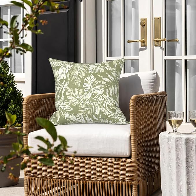 LVTXIII 2 Pack Outdoor Pillows 18x18 Inch, Square Throw Pillows with Inserts, Decorative Water-Repellent Pillow Cushions for Patio Furniture and Garden Sofa, Tropical Leaf Green