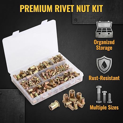 440-piece Rivet nut Tool Set, Metric Rivet nut Assortment (M3/M4/M5/M6/M8), Suitable for Decorative Applications; Ideal for use in Furniture, Automotive, Marine, and Industrial sectors