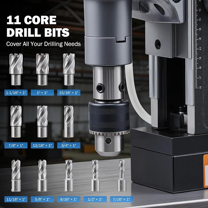 ZELCAN Mag Drill Press with 11 Core Drill Bits, 1550W Magnetic Drill with 2" Boring Dia Reverse Drilling, 2922lbf Portable Electric Magnet Drill with Stepless Speed for Metal Surface Industrial Home