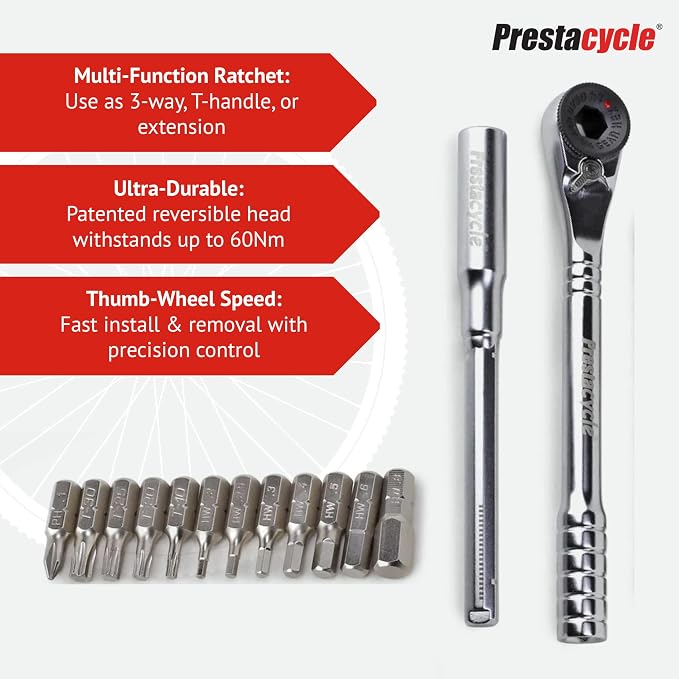 Prestacycle Pro T-Handle Ratchet Kit with (12) S2 Bits and (2) Round Bit Holders – Compact Desktop/Benchtop 3-Way Ratchet Tool, Reversible Thumb-Wheel, 60Nm Heavy-Duty Torque
