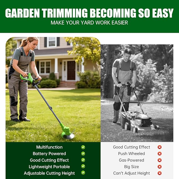 Electric Weed Wacker Eater Cordless Weed Trimmer with Wheels and 2 Pcs 21V/2000mAh Batteries, 3 in 1 Grass Trimmer/Brush Cutter/Lawn Edger with 27 Pcs Replacement Blades for Lawn Garden and Yard