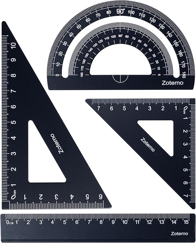 Geometry Ruler Set for Students, Metric Measurement 4-Piece Metal Math Drafting Kit with Non-Slip Design 15 cm Straightedge Ruler, 180° Protractor & 2 Triangles for School Kids (Black)