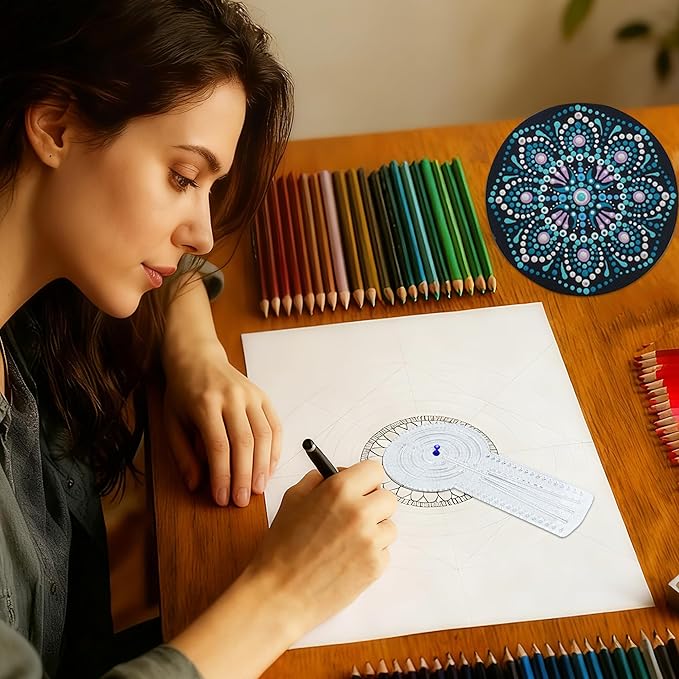 3-in-1 Mandala Ruler Tool with Holes, Mandala Dot Art Circle Maker, Compass Protractor Straight Ruler for Dot Art Geometric Mandala Pattern Design (40cm/15.8")