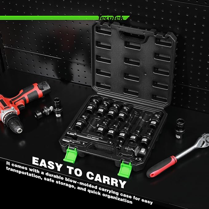 TecoTek 19 PCS 1/2" Drive Shallow Universal Impact Socket Set, Swivel Socket Set, Metric Socket Set with Flexible Wobble, 10-24mm, Cr-Mo Steel, Includes Extension Bars and Adapter