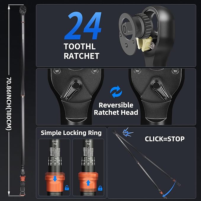 Torque Wrench 1-Inch Drive Dual Range Scales 200-1500ft.lb/271.0-2032.5Nm | ±3% Precision, 24 Tooth Dual-direction Torque Wrenches for Wind Turbines Dockyards Car Truck Repair