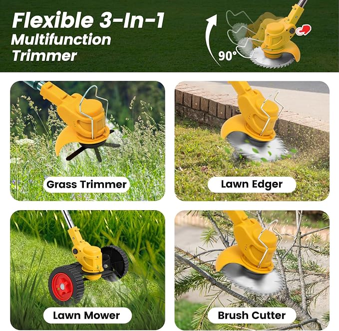 24V Cordless Weed Wacker with 2×2000mAh Batteries & Fast Charger, 3-in-1 Lightweight Brush Cutter/Lawn Edger/Grass Trimmer, 5 Types Blades & Wheels for Yard Garden Maintenance