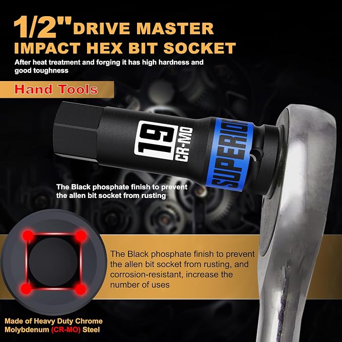 1/2" Drive Master Impact Hex Bit Socket Set, Metric & SAE, 20-Piece 1/2 Inch Drive Impact Allen Bit Socket Set, 5mm - 19mm & 1/4" - 3/4", Cr-Mo Steel, Heavy Duty Storage Case