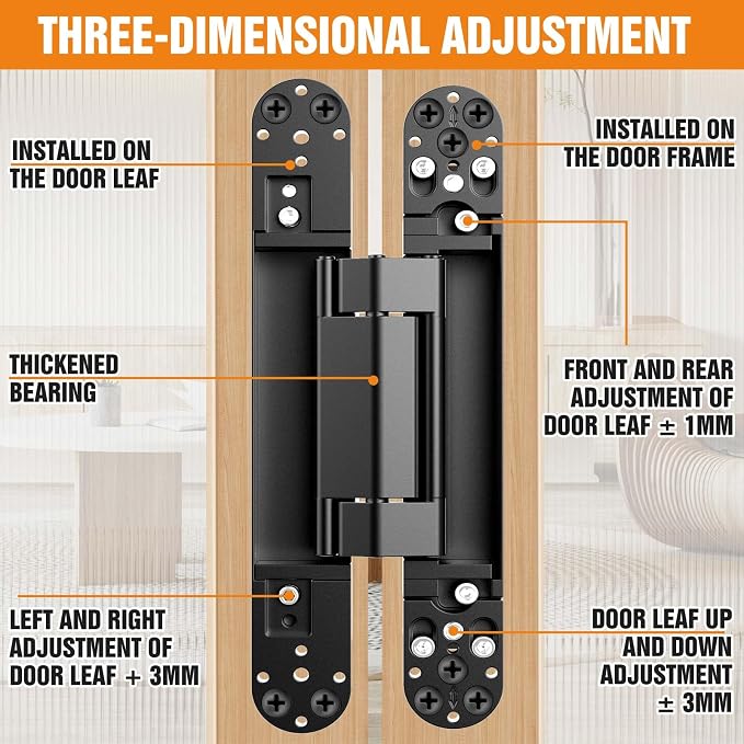 9.7" Hidden Door Hinge/Concealed Hinges,Invisible Hinges,Invisible Door Silent 180 Degree Swing Hinge 3-Way Adjustable Butt 9.7 x 3.3 x 1inch (Black, 9.7 inches)