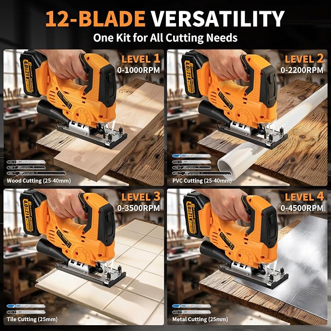 JEXUGK Cordless Jigsaw, 21V Power Jig Saw with 2 x 4.0Ah Batteries, 4 Orbital Settings, ±45° Bevel Cuts, 3200 RPM Variable Speed Jigsaw Tool with 12 Blades, Jigsaw Cutter for Wood Metal Cutting