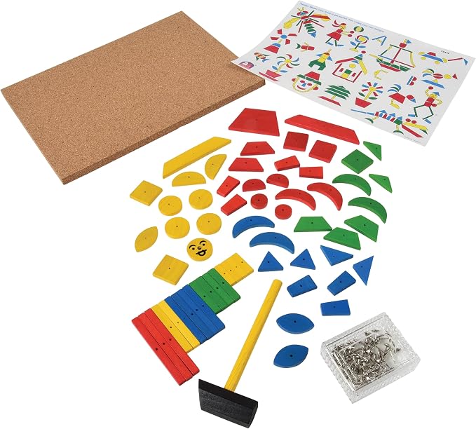 Hammer & Nail Design Kit – Montessori STEM Engineering & Geometry Building Set with 60 Wooden Tiles, Tacks, Hammer & Reusable Cork Board