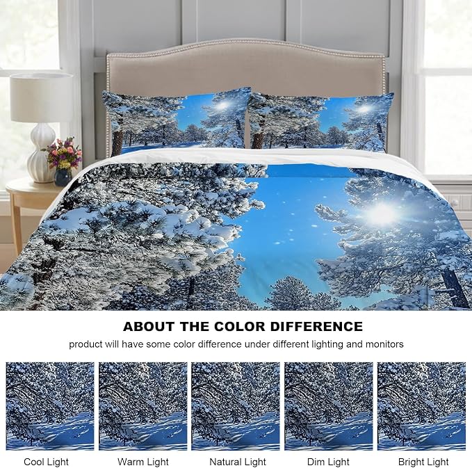 Batmerry Winter Snow-Covered Scene King Size 100% Cotton Duvet Cover Sets, Sunny Day Pine Trees Bedding Set with Zipper Closure Corner Ties, 3 Pieces (1 Cover + 2 Pillowcases No Comforter)